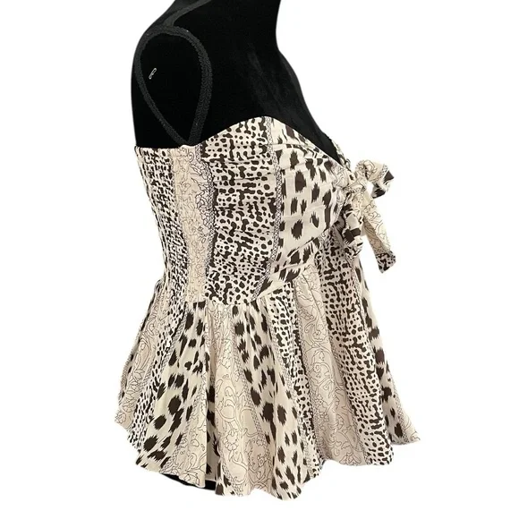 Stitch + Feather Strapless Babydoll animal print bubble top women Large boho tan - Picture 2 of 6